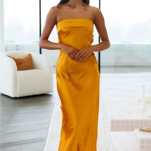 NWT Hello Molly Coolness Calling gold orange satin strapless maxi dress size 2